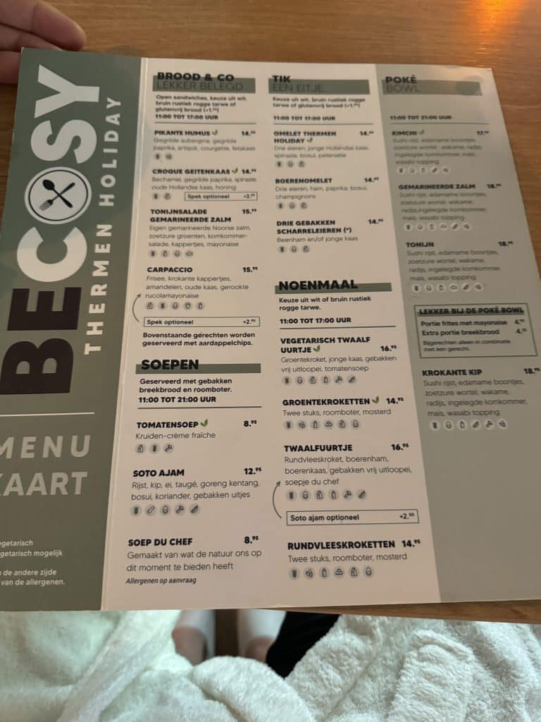 Menu card of the restaurant at Thermen Holiday in the Netherlands.