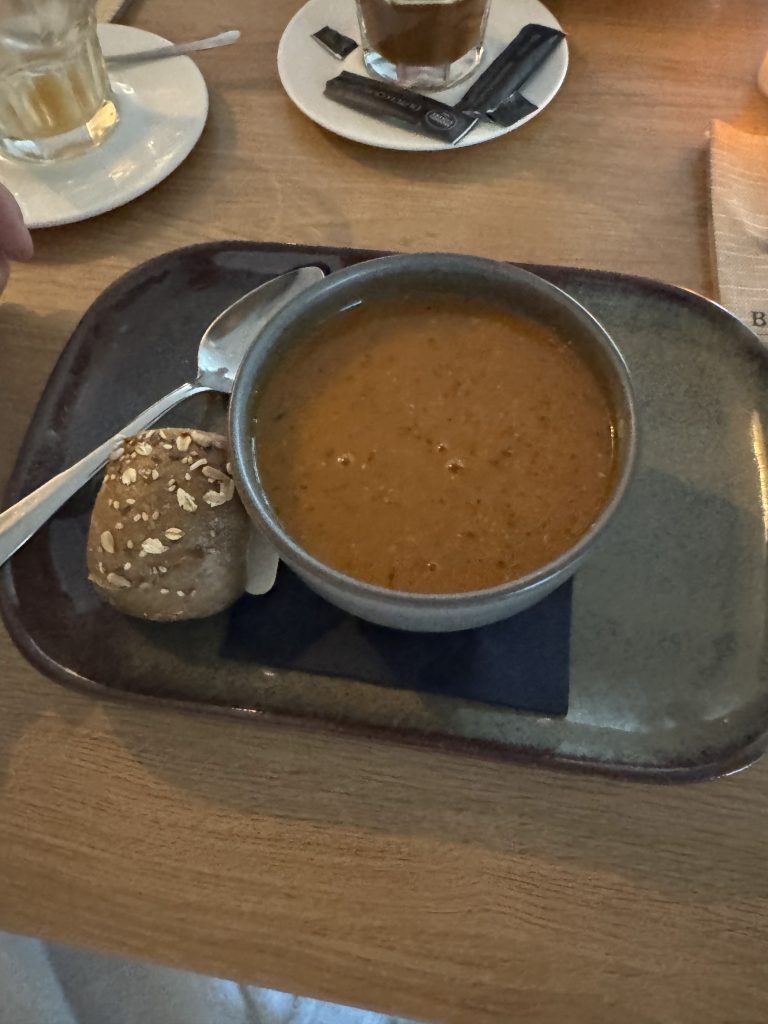 The soup of the day: red lentils with accompanying small dark multigrain roll at Thermen Holiday in Holland.