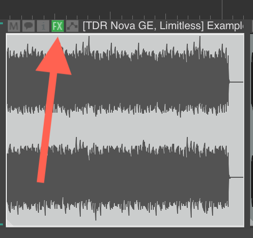 An item in Reaper with an arrow pointing at the FX button.