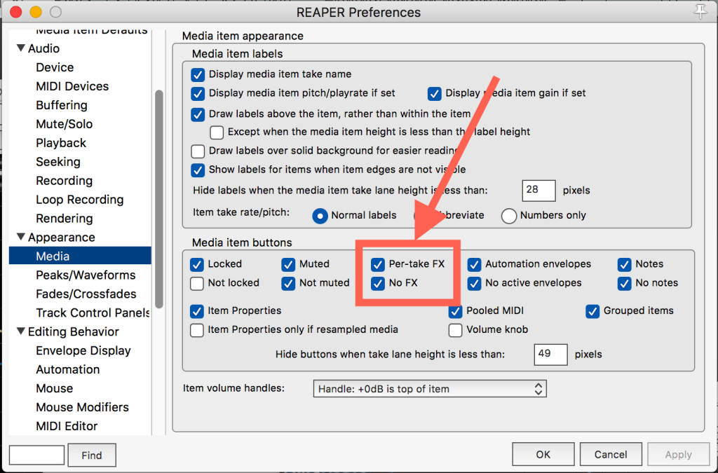 "Per-take FX" and "No FX" selected in Preferences - Appearance - Media - Media item buttons