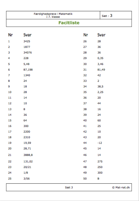 Færdighedsregning – sæt 3 – facitliste