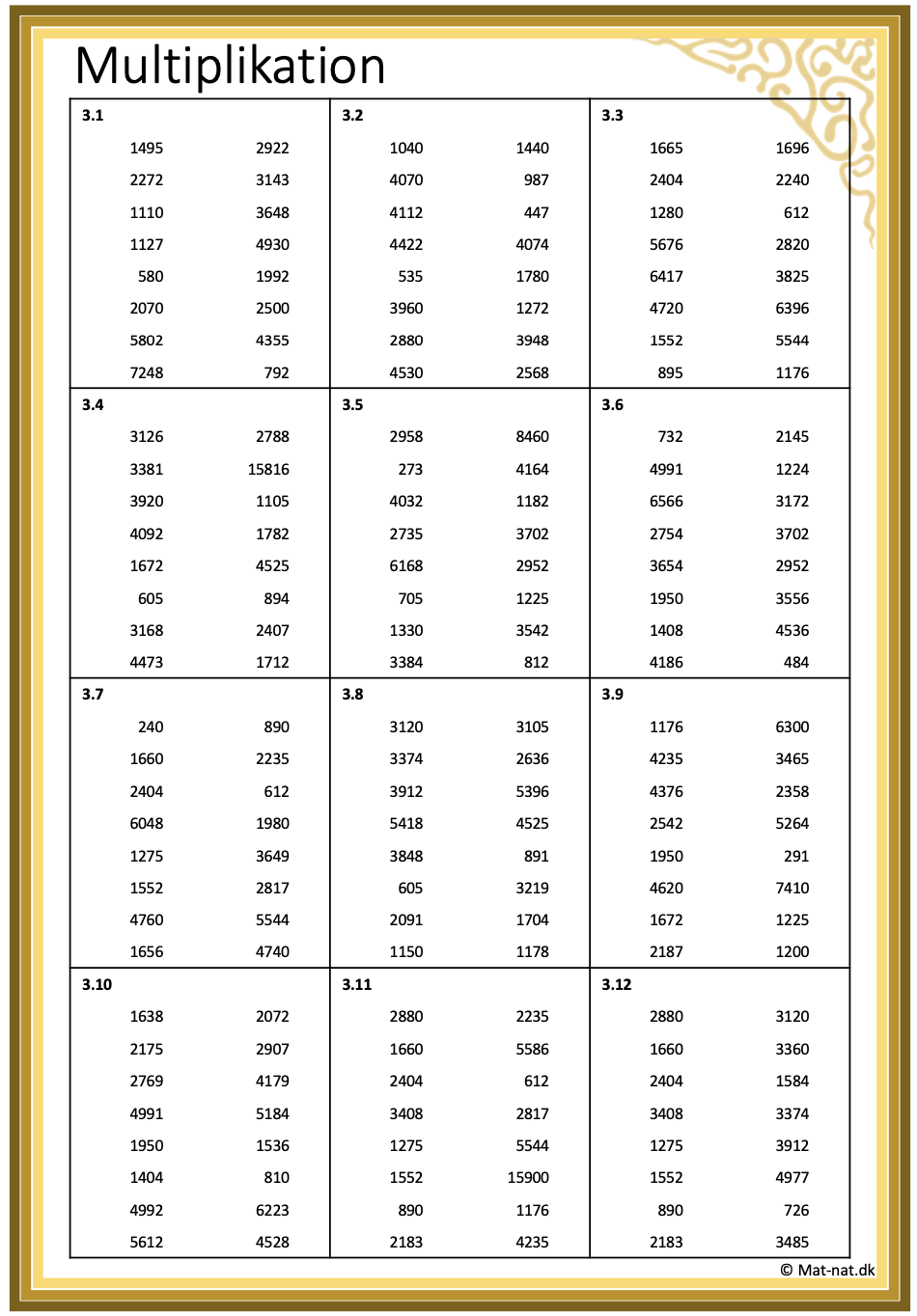 Multiplikation – facitliste