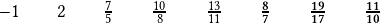 \quad  -1\qquad 2\qquad \frac{7}{5}\qquad\frac{10}{8}\qquad\frac{13}{11} \qquad \boldsymbol{\frac{8}{7} \qquad \frac{19}{17} \qquad\frac{11}{10}}