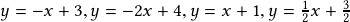 y=-x+3, y=-2x+4, y=x+1, y=\frac{1}{2}x+\frac{3}{2} 