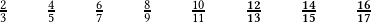 \quad \frac{2}{3}\qquad\frac{4}{5}\qquad\frac{6}{7}\qquad\frac{8}{9}\qquad\frac{10}{11} \qquad \boldsymbol{\frac{12}{13} \qquad \frac{14}{15} \qquad\frac{16}{17}}