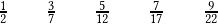 \qquad  \frac{1}{2}\qquad\frac{3}{7}\qquad\frac{5}{12}\qquad\frac{7}{17}\qquad\frac{9}{22} 