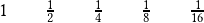 \quad1\qquad \frac{1}{2}\qquad \frac{1}{4}\qquad \frac{1}{8}\qquad \frac{1}{16}  