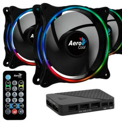 PACK 3x VENTILATEURS + HUB H66F ET TÉLÉCOMMANDE AEROCOOL ECLIPSE ARGB ANNEAU LED 120mm CONNEXION DOUBLE 3.4 ET 6PIN