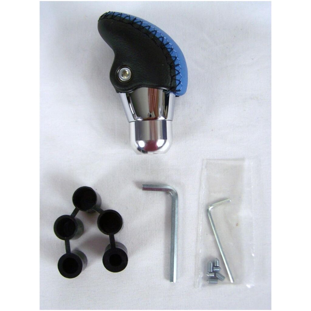 Custom växelspaksknopp manuell i läder blå/svart med adapter & skruvar, PM-140B