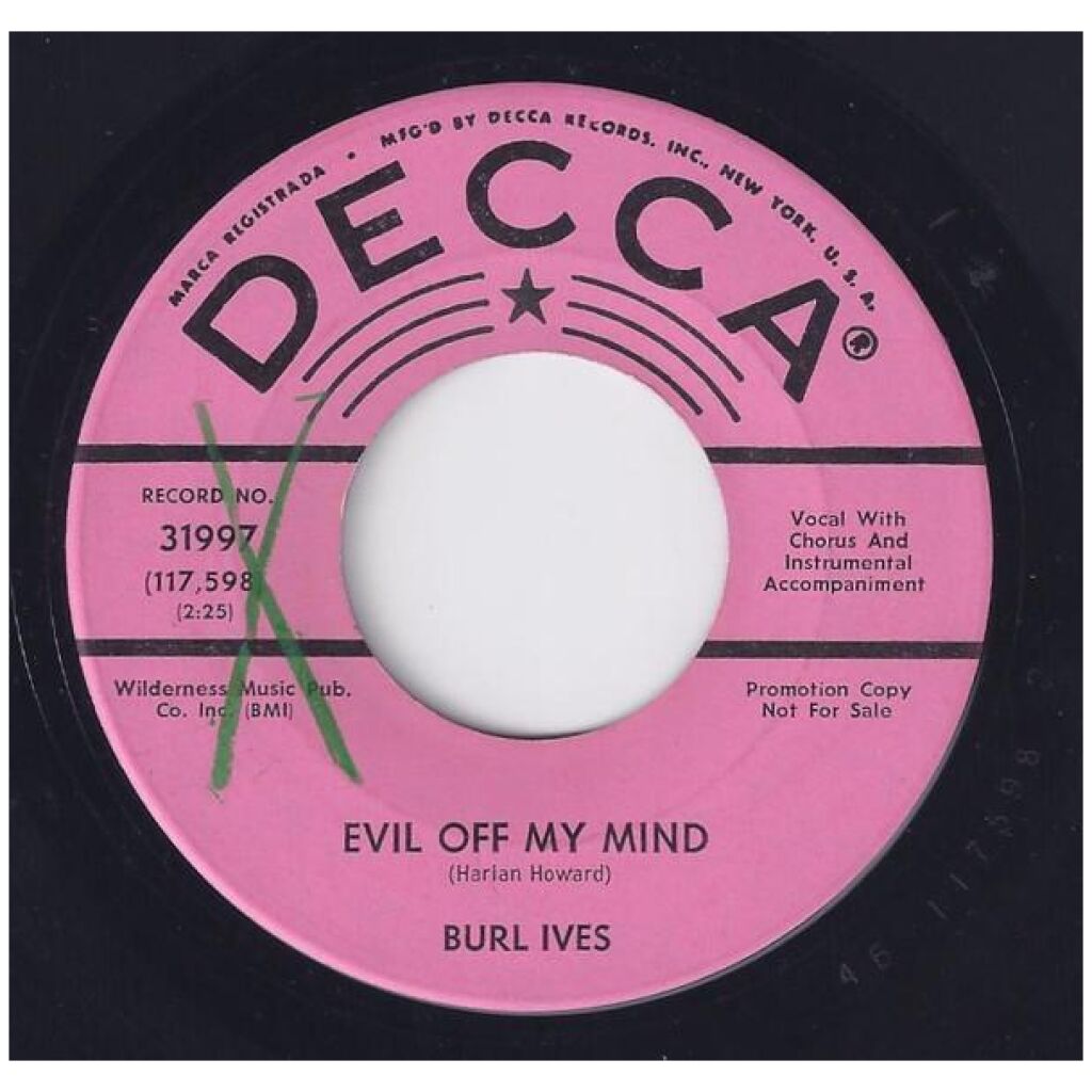 Burl Ives - Evil Off My Mind / A Taste Of Heaven (7, Single, Promo)