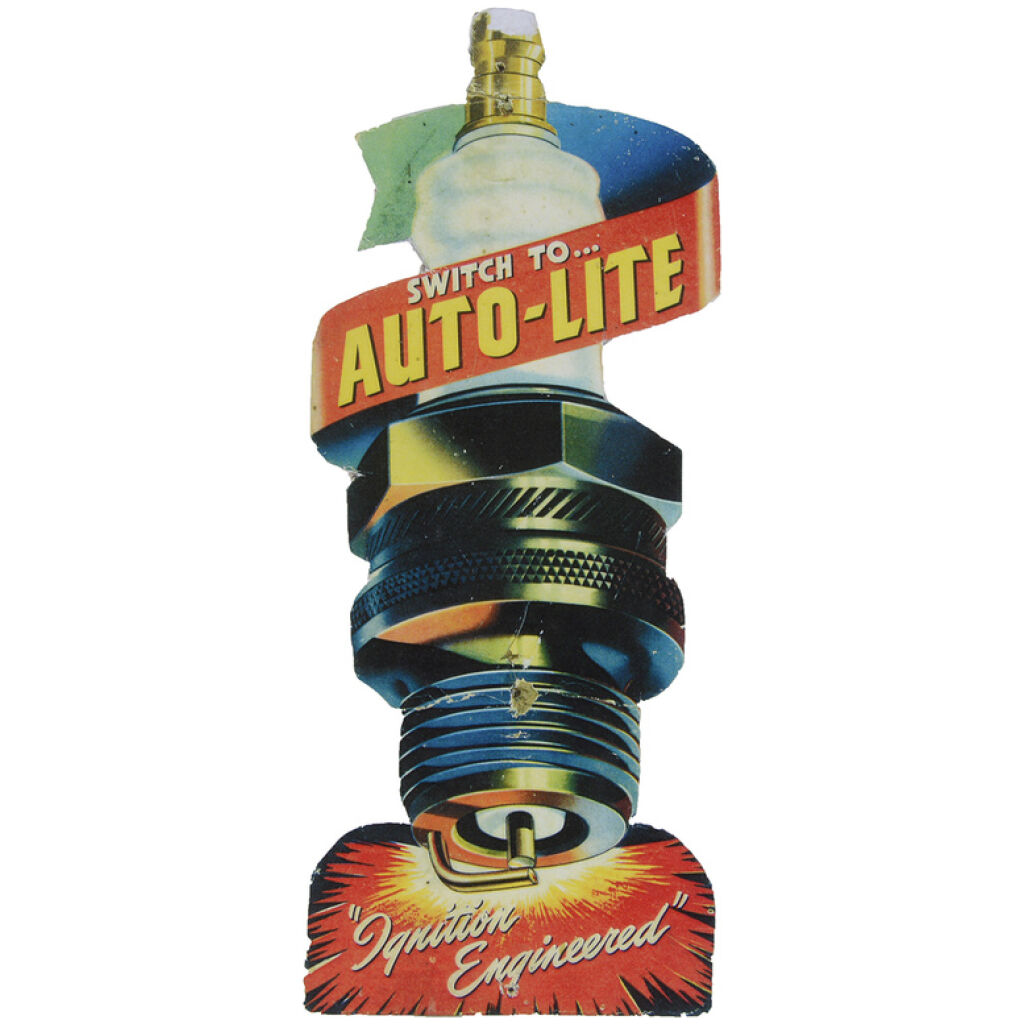 Auto-Lite Tändstift Pappskylt motiv från 40-50 talet