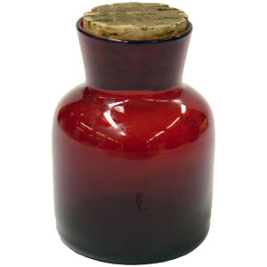 Medicin flaska med kork i rött färgat glas höjd 9cm