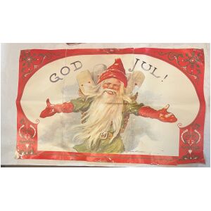 Gammal julbonad papper Jenny Nyström 70x43cm tomte med paket God Jul