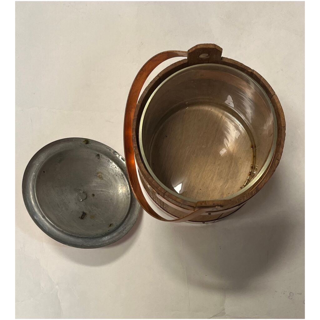 Ishink i teak , koppar & glas inuti 16cm hög inkl handtag 10cm diameter 1950-tal