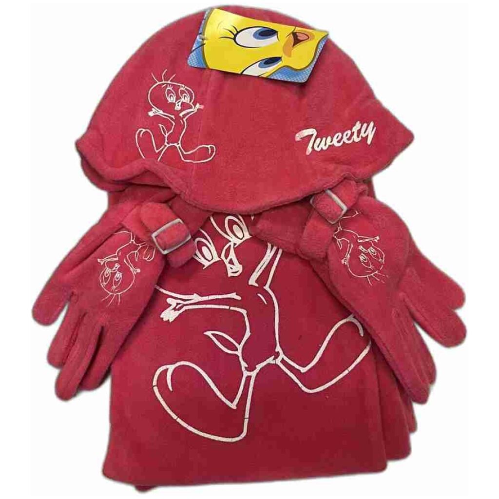 Tweety Looney Tunes fleece set rosa mössa vantar halsduk