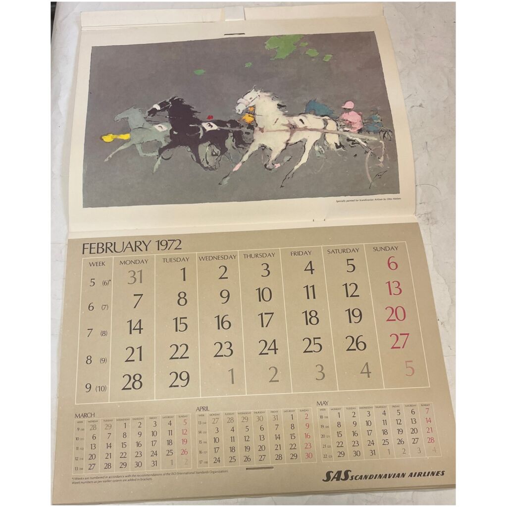 Kalender almanacka SAS Scandinavian Airlines 1972 flygplan 12 mån hästar