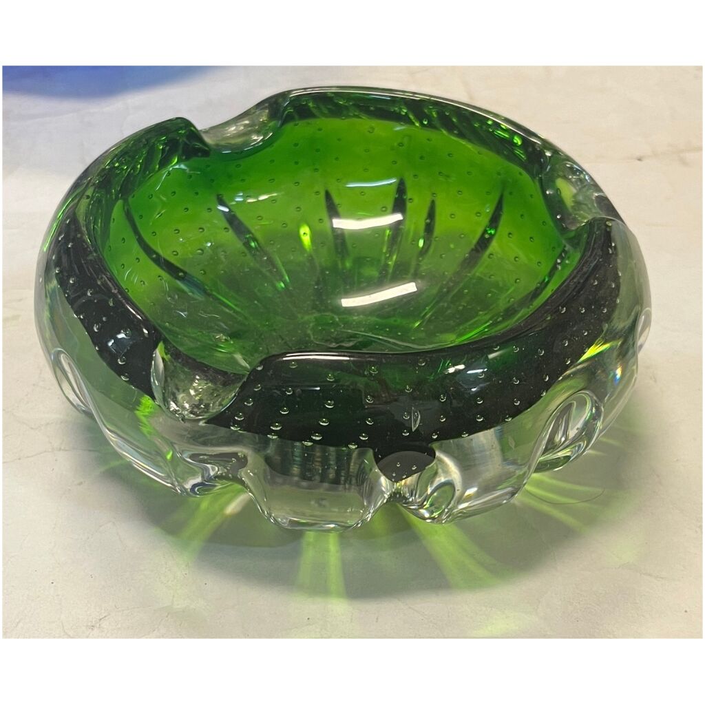 Askkopp i grönt bubbligt tjockt tungt glas 1,7kilo 16x7cm Murano Bubble Italien