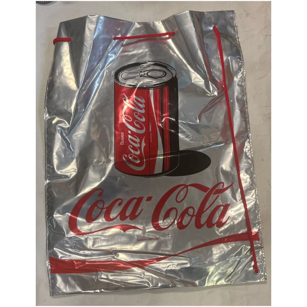 Väska påse bag 50x40cm med dragrem , silver & Coca-Cola reklam på båda sidor