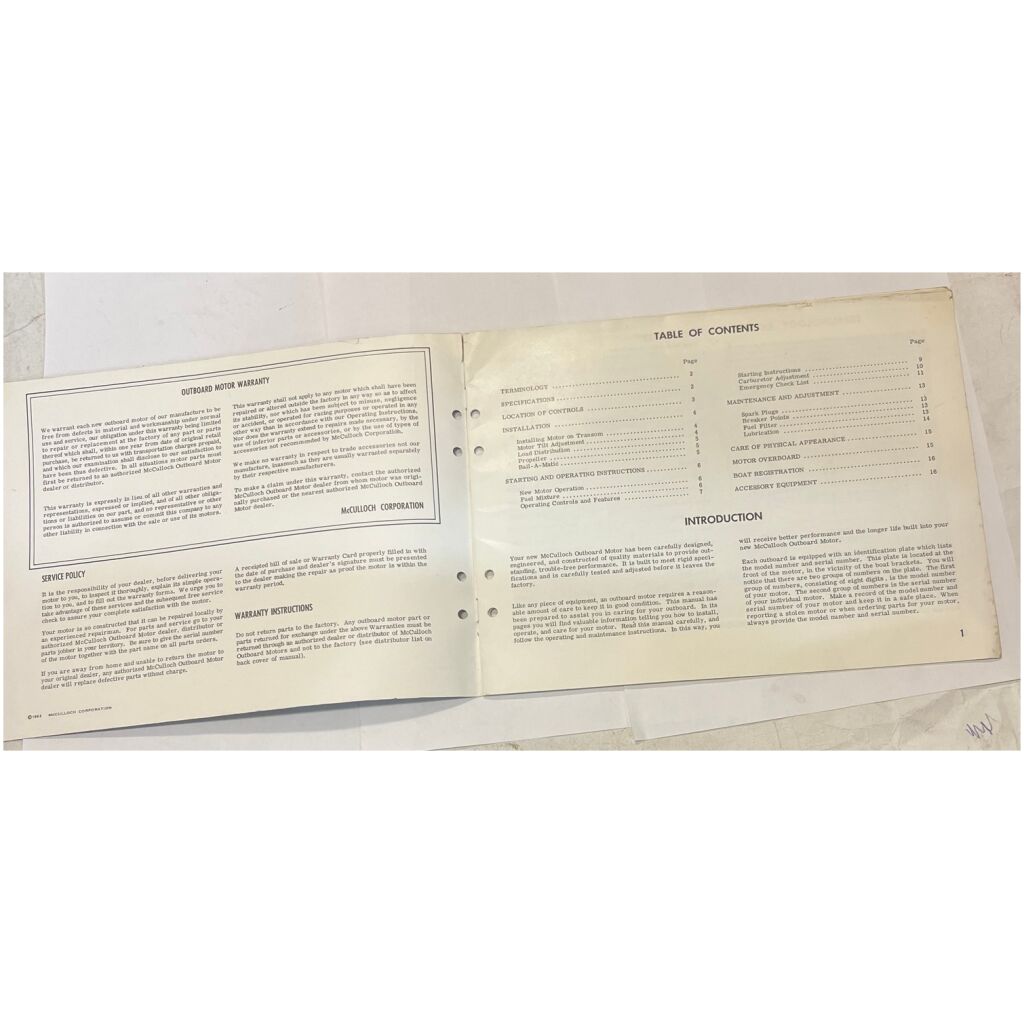 Ägarmanual instruktionsbok McCulloch 7-1/2 utombordsmotor 1963 16 sidor