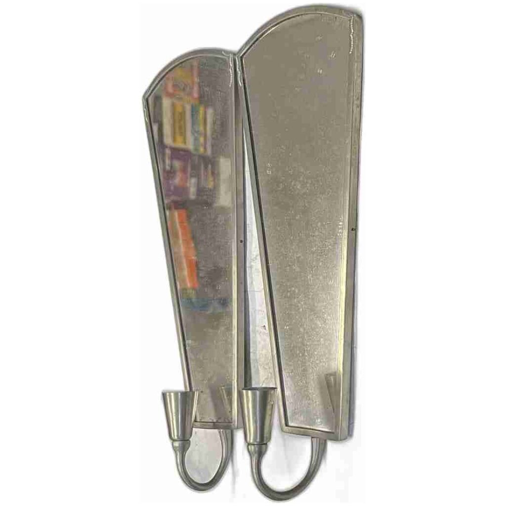 Vägglampetter / spegellampetter i tenn & teak spegel för ljus 1930-tal art deco