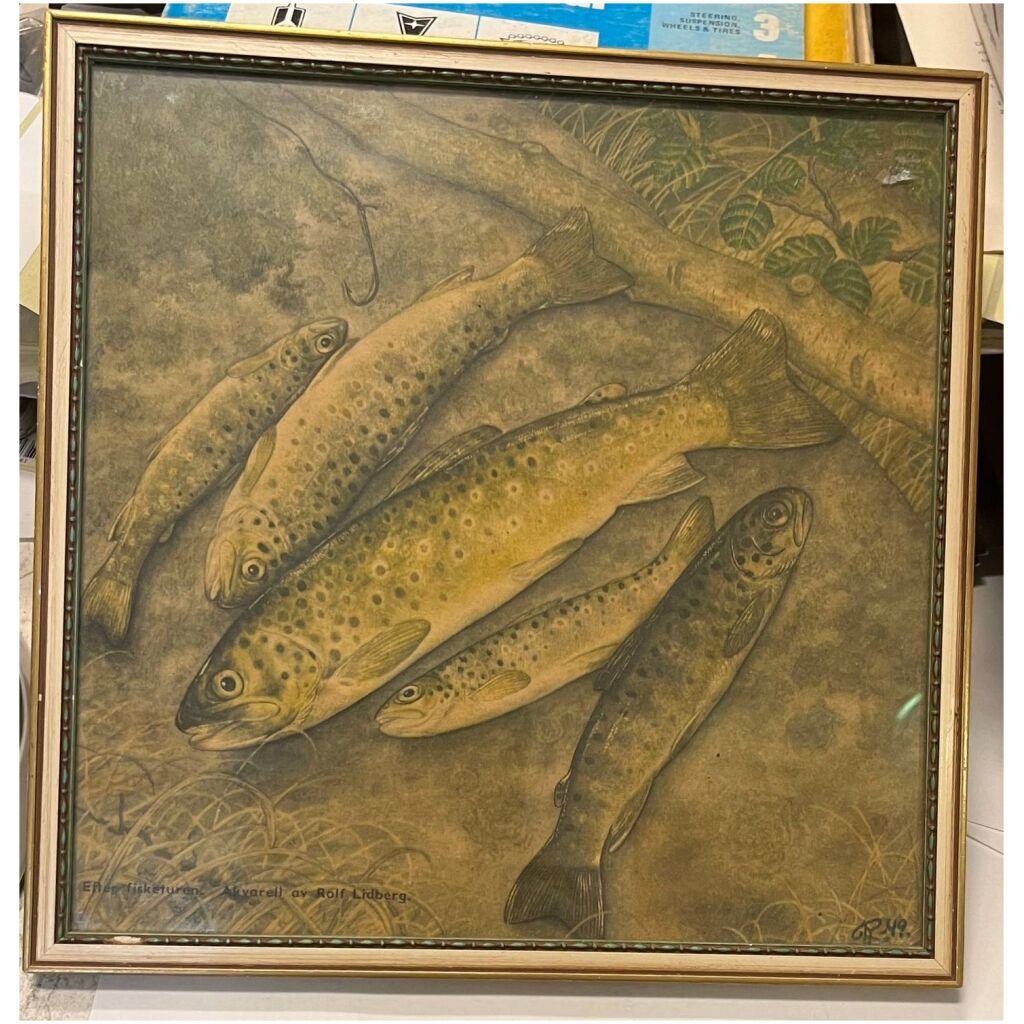 1949 akvarell Efter fisketuren - Rolf Lidberg tavla fiskar 25x25cm