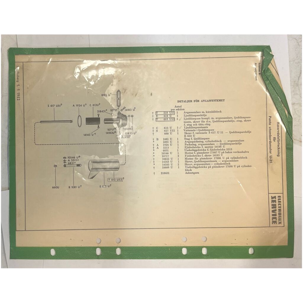 Reservdelsförteckning Penta 1952 U-21 utombordare svensk 2 sidor begagnad