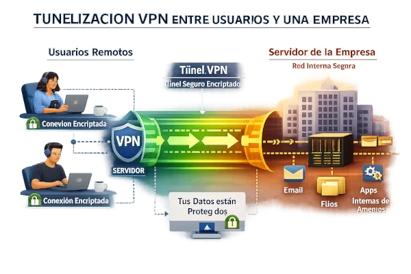 Infografía de tunelización VPN que muestra usuarios remotos conectándose de forma segura a un servidor empresarial a través de un túnel cifrado para acceder a recursos internos.