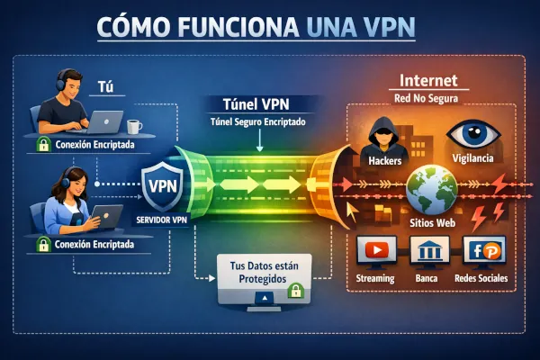 Infografía que muestra cómo funciona una VPN, con usuarios conectados a un servidor VPN a través de un túnel cifrado, protegiendo sus datos de hackers y vigilancia en una red de Internet no segura.