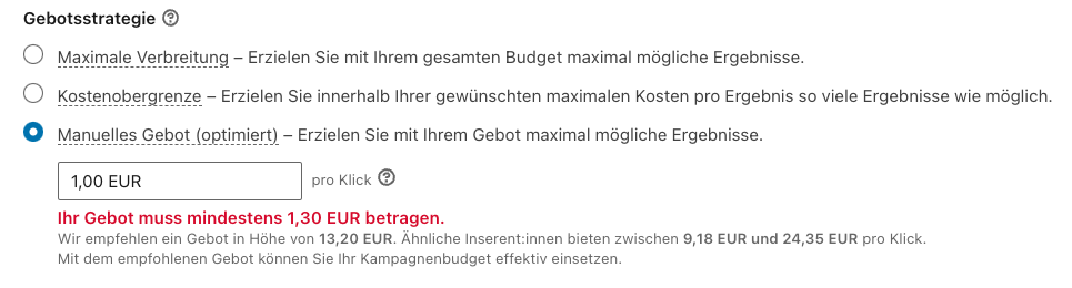 LinkedIn schlägt die Preise vor, wobei es immer einen Mindestgebot gibt