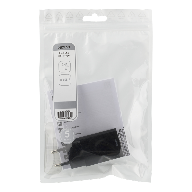 DELTACO väggladdare 100-240 V till 5 V USB, 2,4 A, 12 W, 1x USB-A port, vit påse, svart - Bild 3