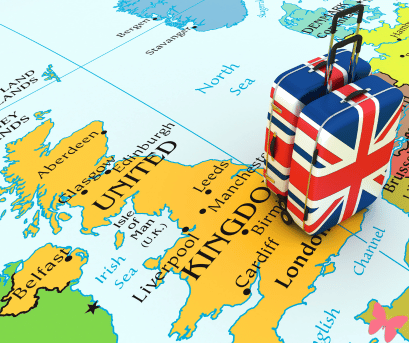 Map on the United Kingdom with a suitcase with the Union Jack placed over it