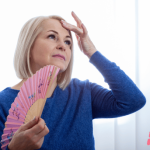 Menopausal woman fanning herself during a hot flash, knowing that thee are natural solutions she could be using to make her life easier