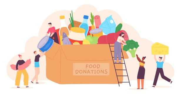 People donate food. Tiny characters put grocery product in charity box. Volunteer community help for poor. Holiday food drive vector concept. Illustration volunteer charity, social donate and help