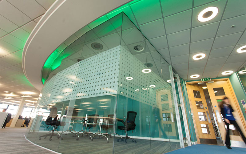 Green glass office wall