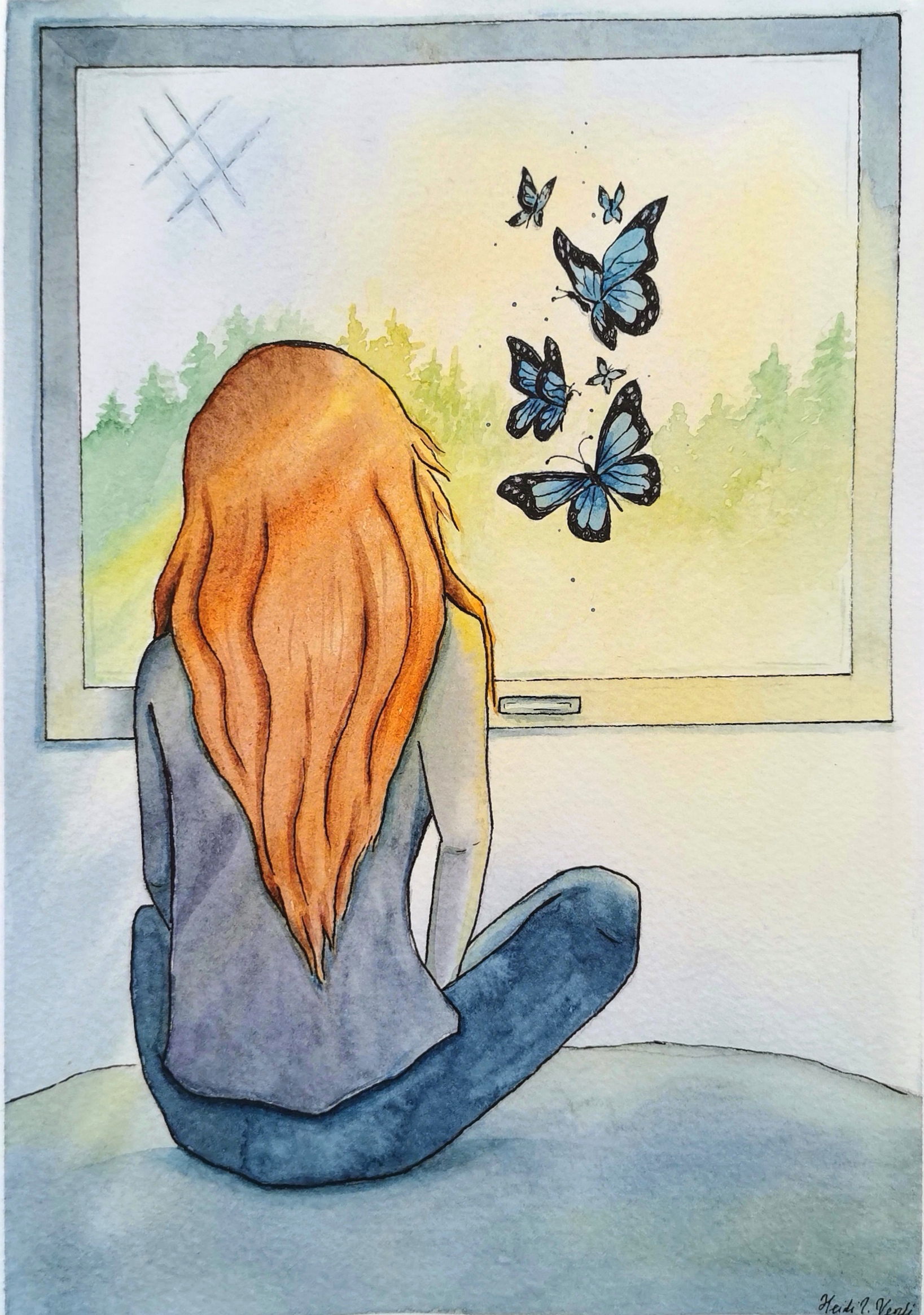 Tegning ung med ME sommerfugler utenfor vinduet