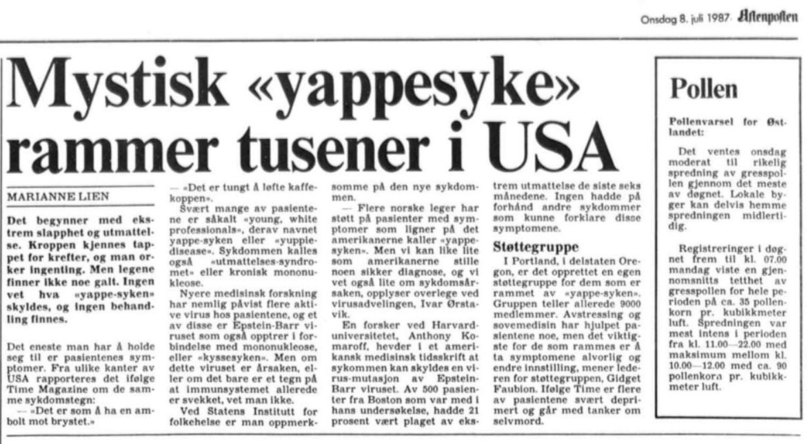 Opplslag om ME i avis Yappesyke 1987