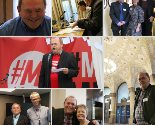 Collage med bilder av Olav Osland i møte med politikere og andre i den tiden han har vært generalsekretær i ME-foreningen