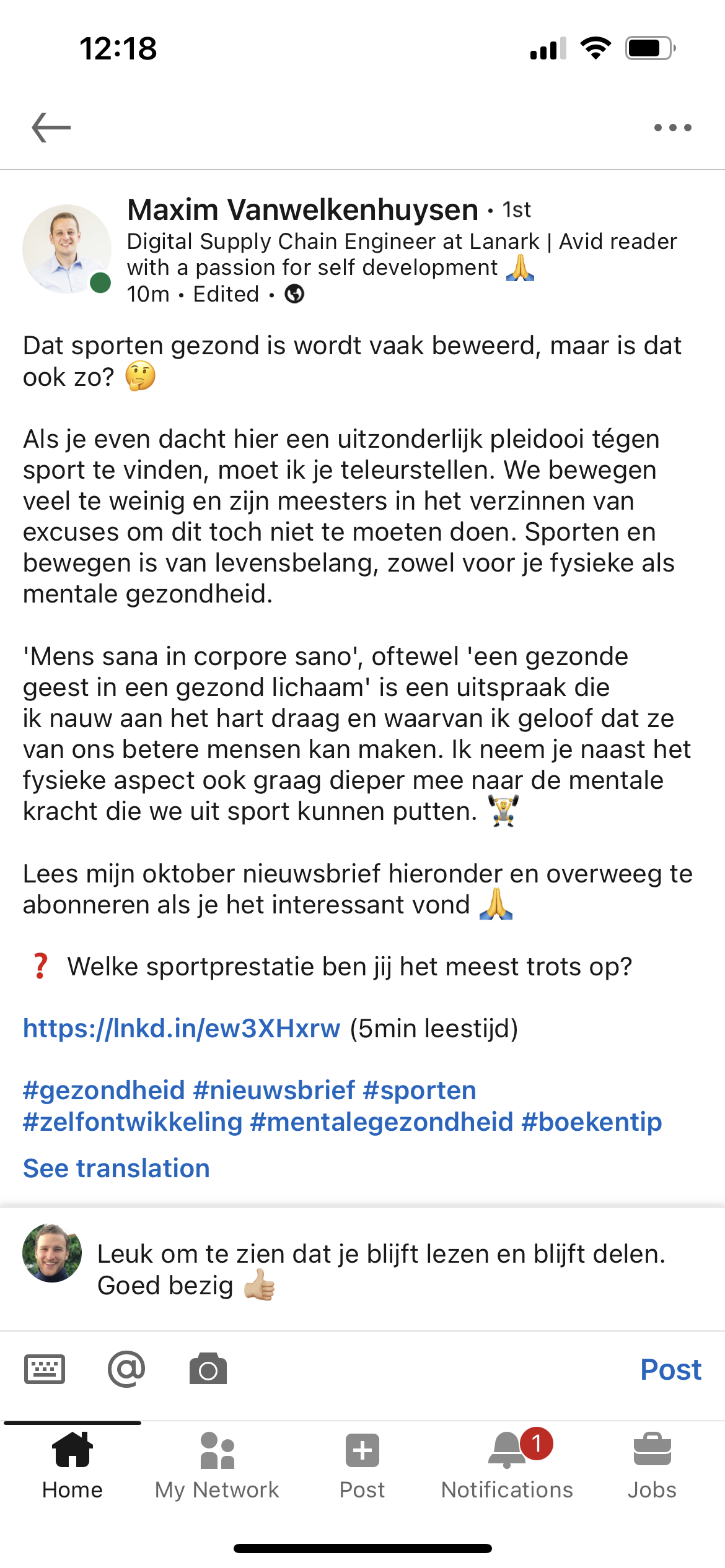 Post LinkedIn met reactie