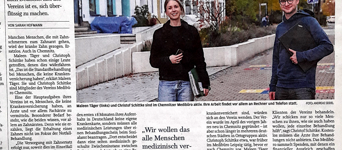 Freie Presse Artikel vom 4. Januar 2021 "Verein will medizinische Hile für alle"