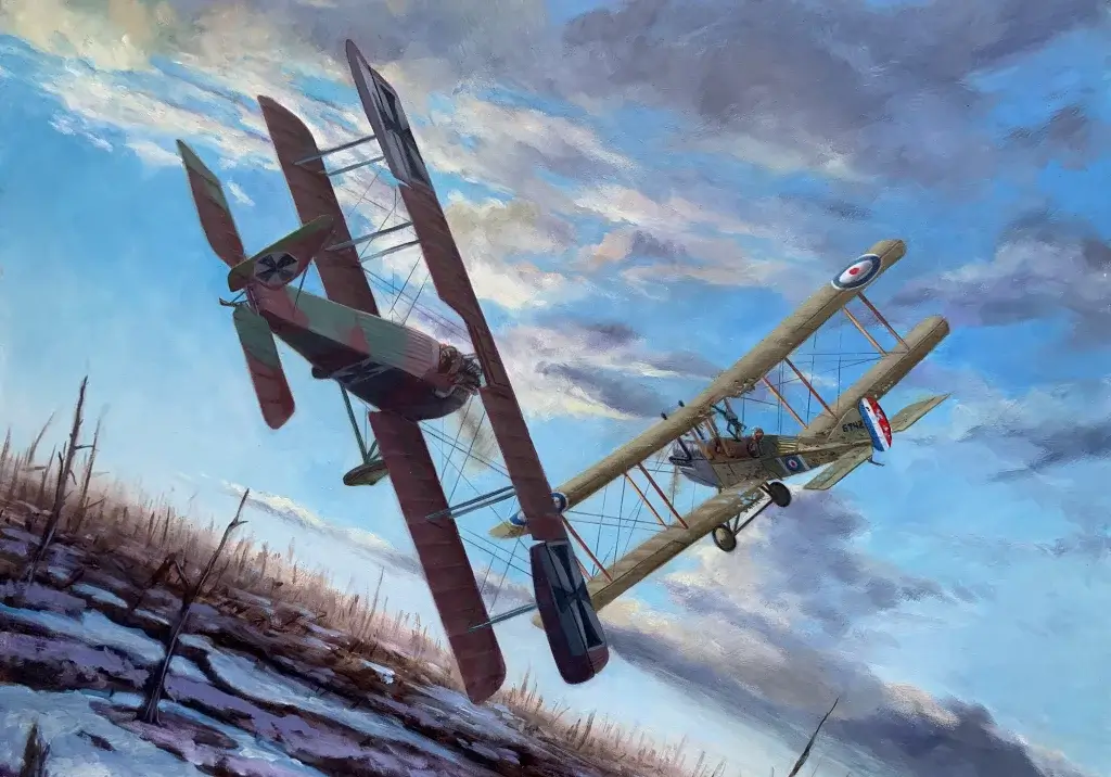a painting of an airplane flying over a field