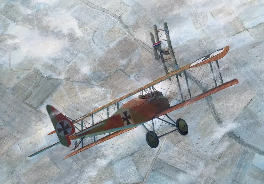 a painting of an old airplane flying in the sky