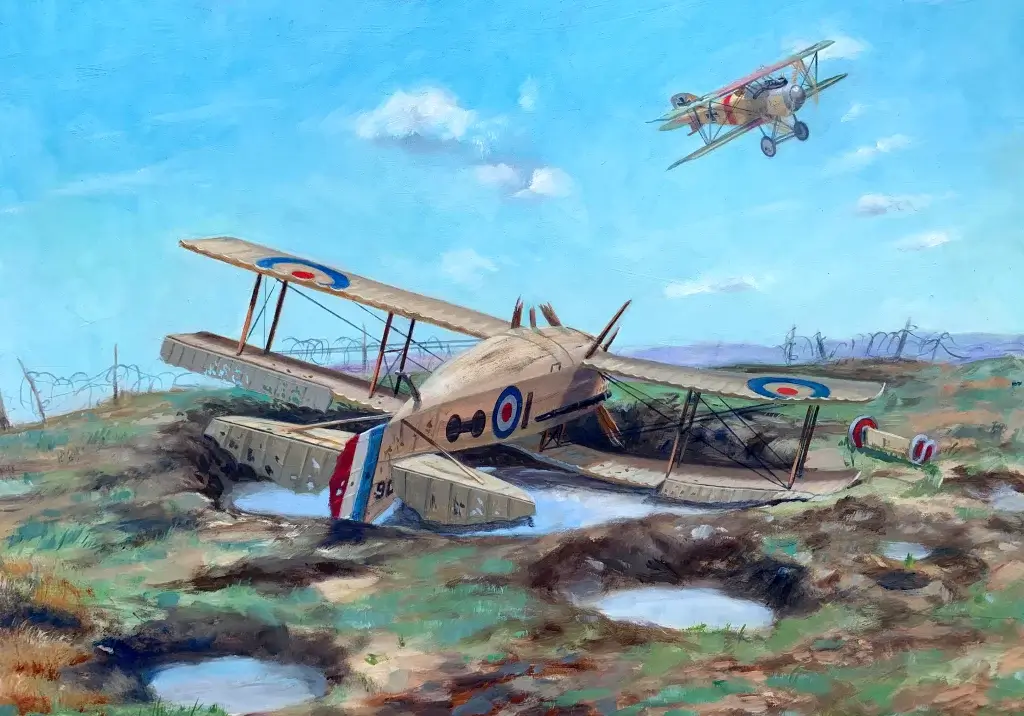 a painting of an old airplane in the air