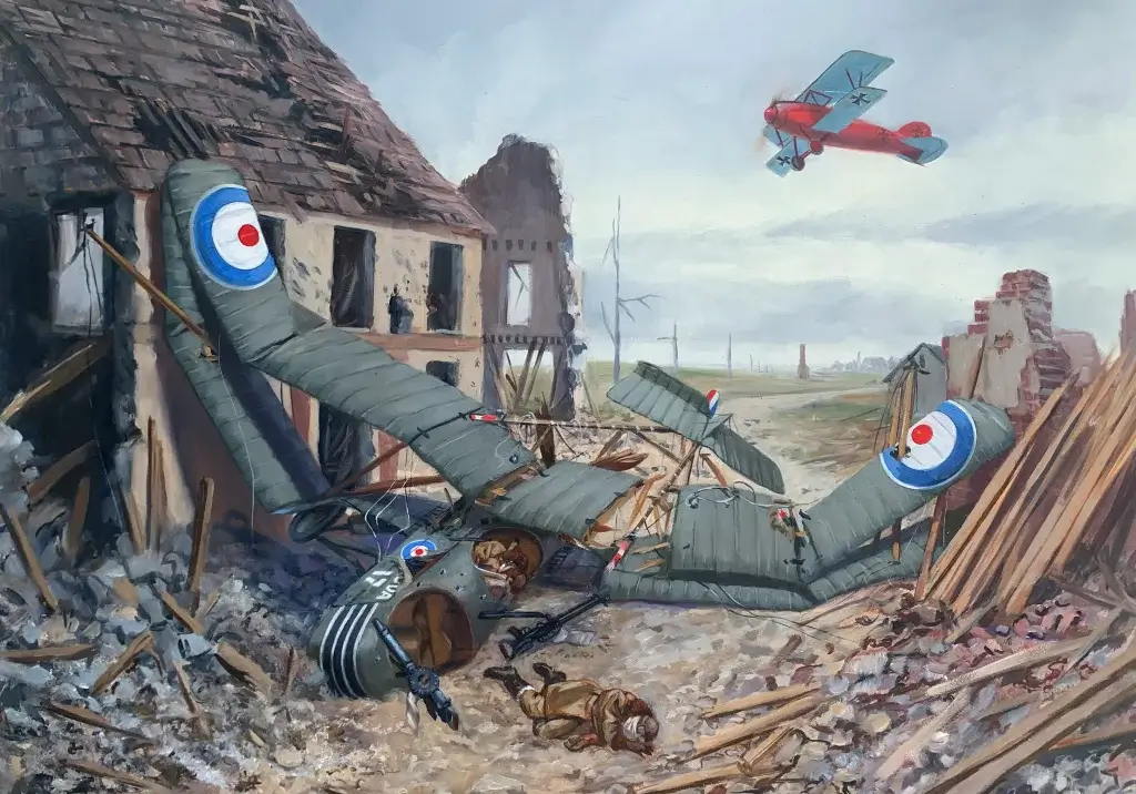 a painting of an airplane flying over a destroyed building