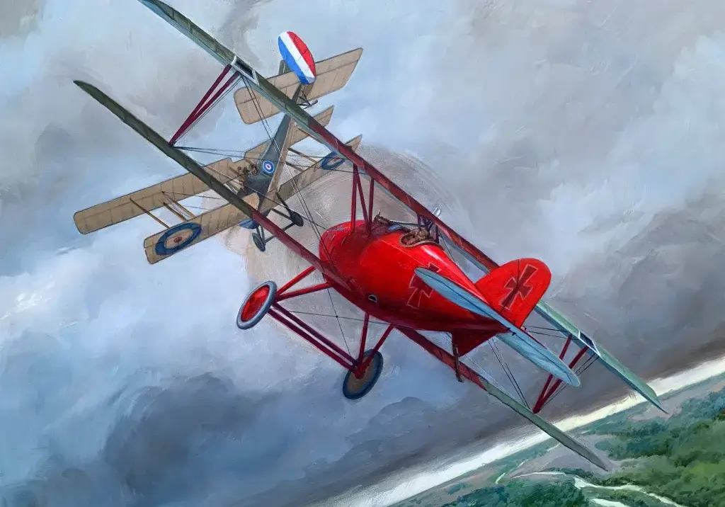a painting of a red biplane flying in the sky