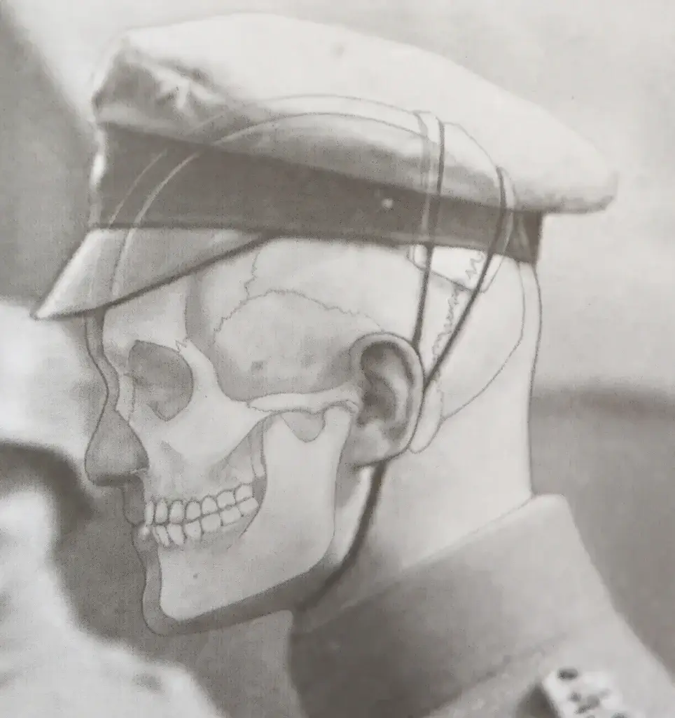 a black and white photo of a man with a skull on his face