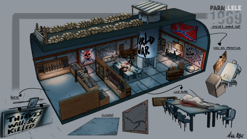 Concept art d'environnement, illustration d'un magasin d'armes pour un jeu vidéo. Réalisé par Mehdi Abdi, illustrateur à Lyon.