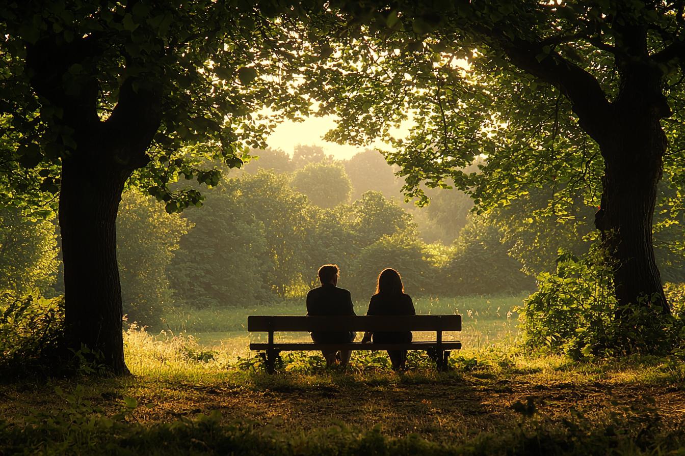 Couple holding hands on a park bench, dappled sunlight, lush trees, serene expressions.