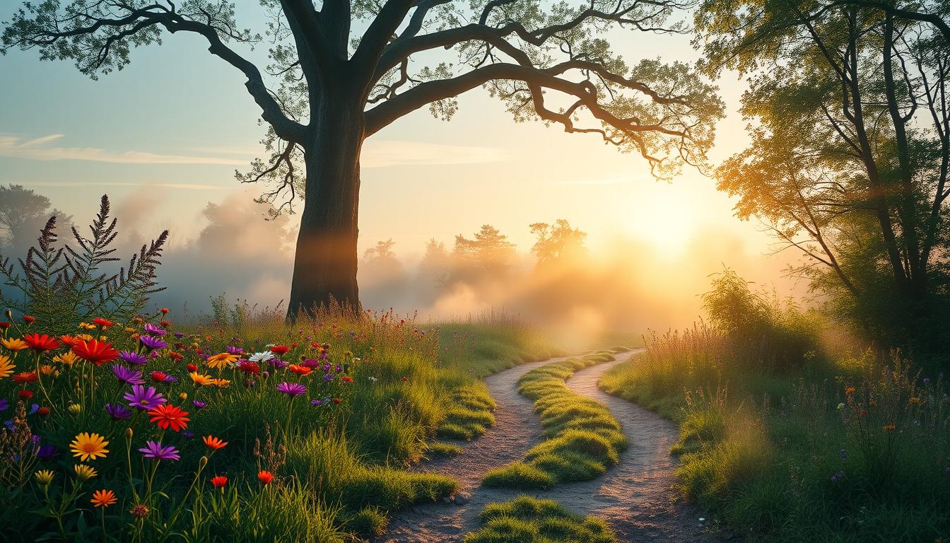 Tranquil forest path at dawn with wildflowers, mist, and sunlight filtering through trees.