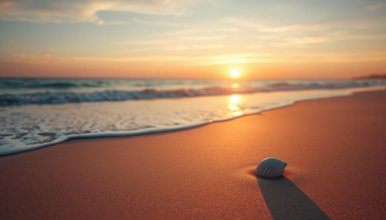 Serene beach at dawn with golden sunlight; solitary seashell symbolizes new beginnings.