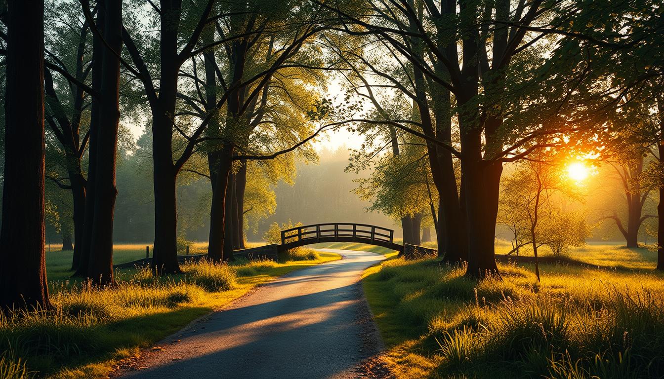 Tranquil forest path at dawn with golden light, ancient trees, and a wooden bridge.